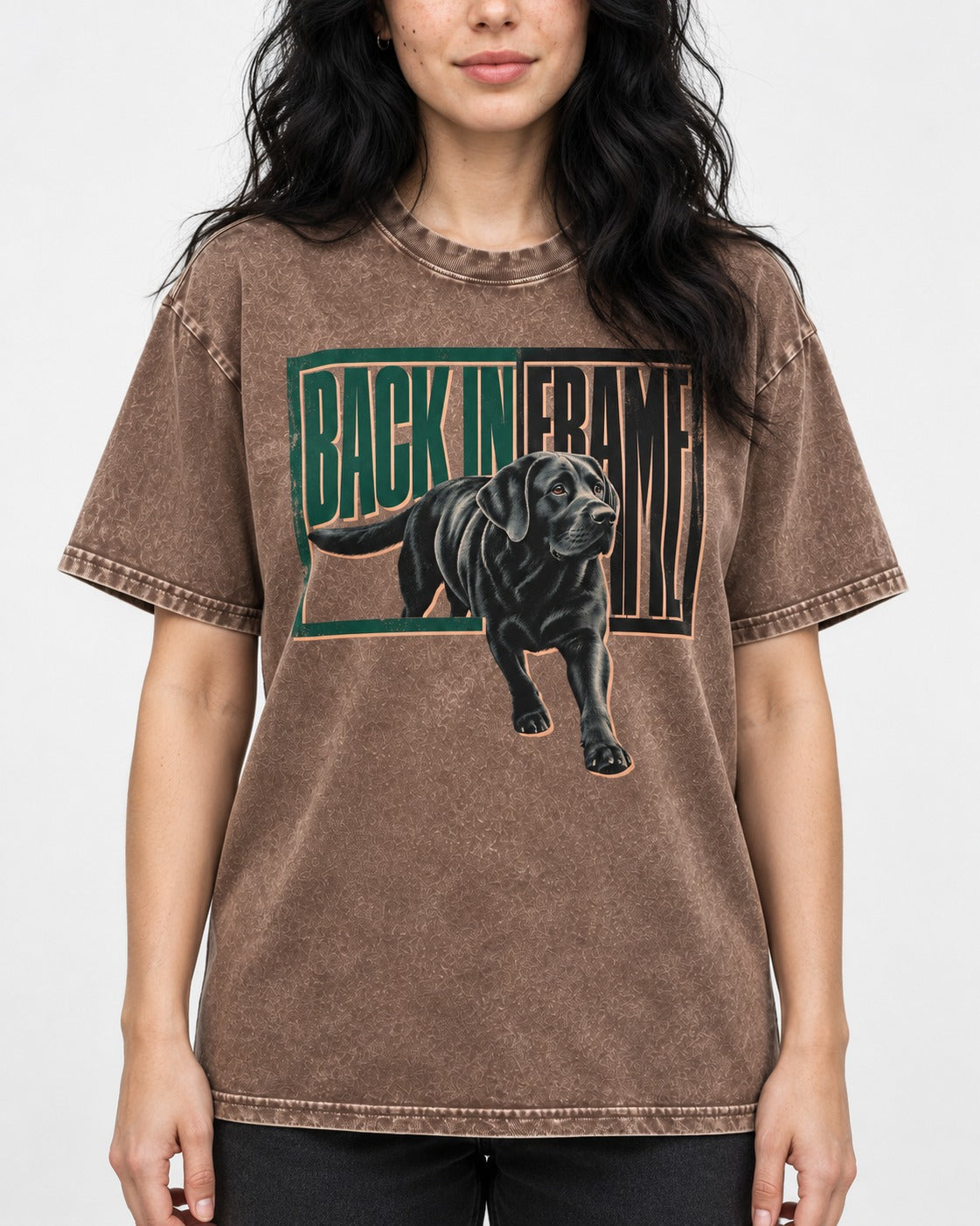 Labrador Retriever Back in Frame Washed Tee in Coffee, worn by a model, front view