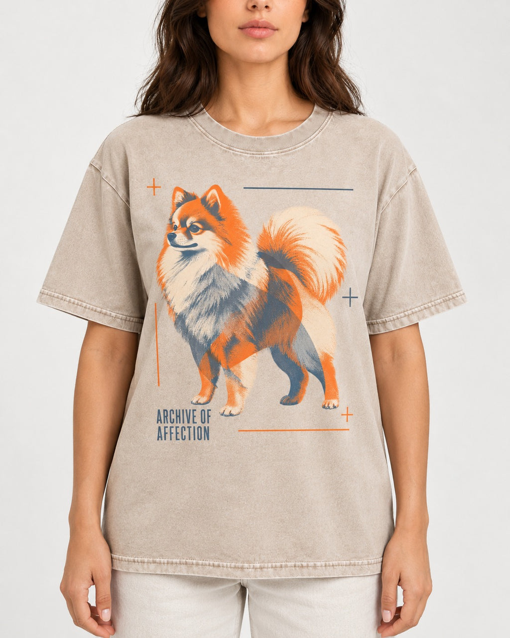 Pomeranian Archive of Affection Washed Tee in Apricot, worn by a model, front view