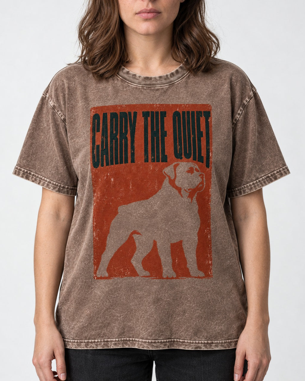 Rottweiler Carry the Quiet Washed Tee in Coffee, worn by a model, front view