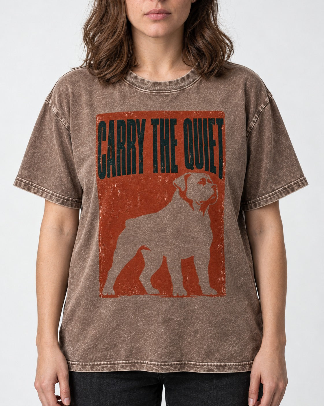 Rottweiler Carry the Quiet Washed Tee in Coffee, worn by a model, front view