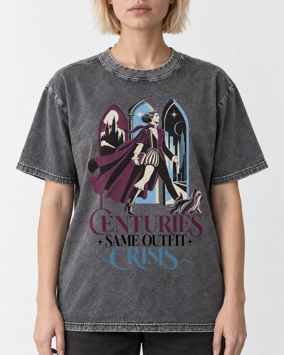 Yorkshire Terrier Centuries Same Outfit Crisis Gothic Graphic Washed Tee in Gray, worn by a model, front view
