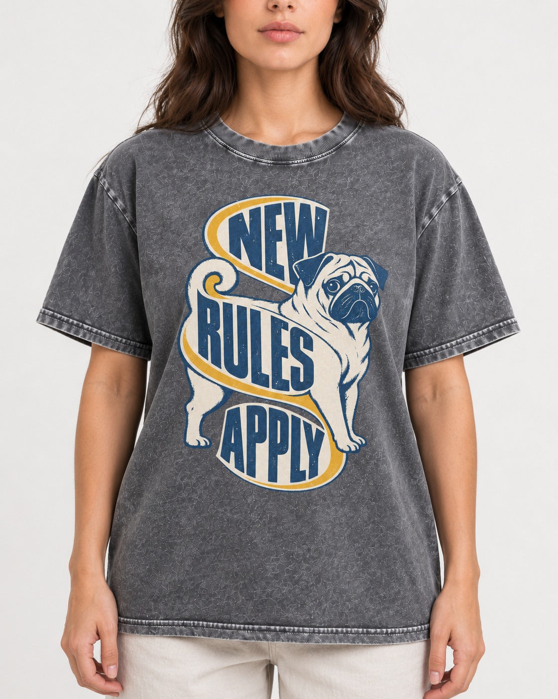 Pug New Rules Apply Ribbon Graphic Washed Tee in Gray, worn by a model, front view