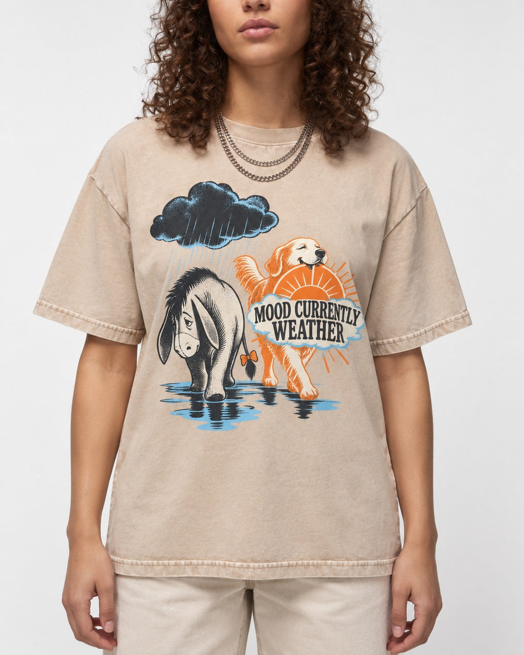 Mood Currently Golden Retriever Weather Washed Tee in Apricot, worn by a model, front view