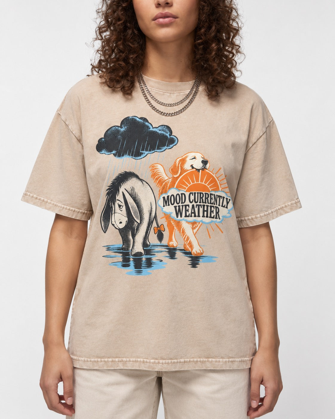 Mood Currently Golden Retriever Weather Washed Tee in Apricot, worn by a model, front view