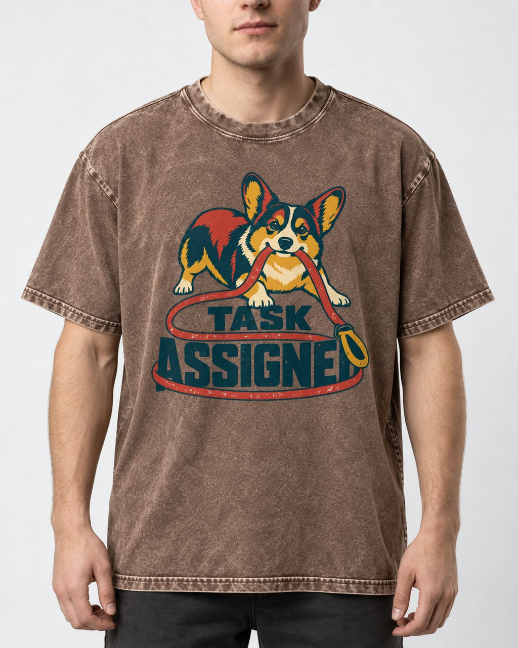 Corgi Task Assigned Washed Tee in Coffee, worn by a model, front view
