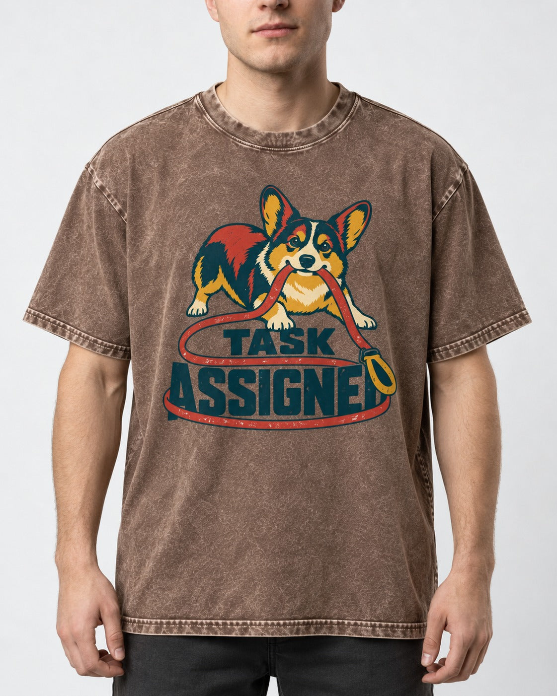 Corgi Task Assigned Washed Tee in Coffee, worn by a model, front view