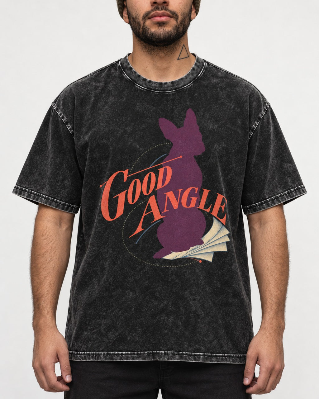Good Angle Boston Terrier Paper Graphic Washed Tee in Black, worn by a model, front view