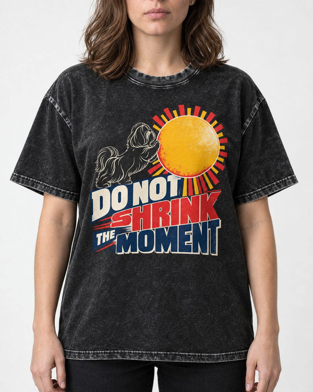 Shih Tzu Do Not Shrink the Moment Sun Graphic Washed Tee in Black, worn by a model, front view