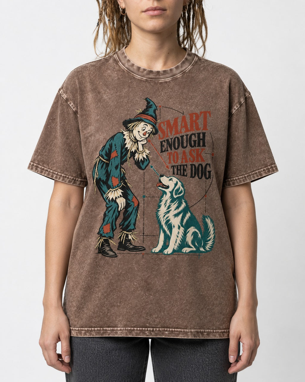 Ask the Golden Retriever Washed Tee in Coffee, worn by a model, front view