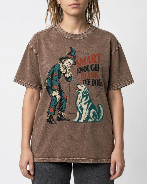 Ask the Golden Retriever Washed Tee in Coffee, worn by a model, front view
