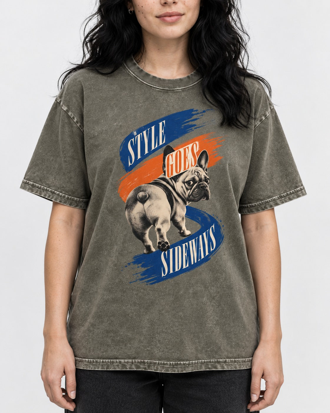 Frenchie Style Goes Sideways Graphic Washed Tee in Army Green, worn by a model, front view