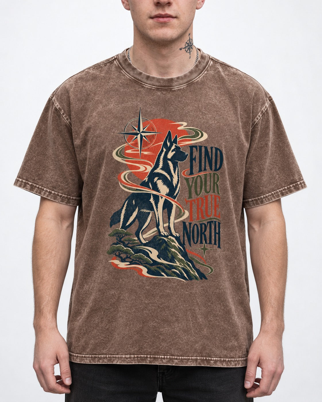 Find Your True North German Shepherd Dog Washed Tee in Coffee, worn by a model, front view