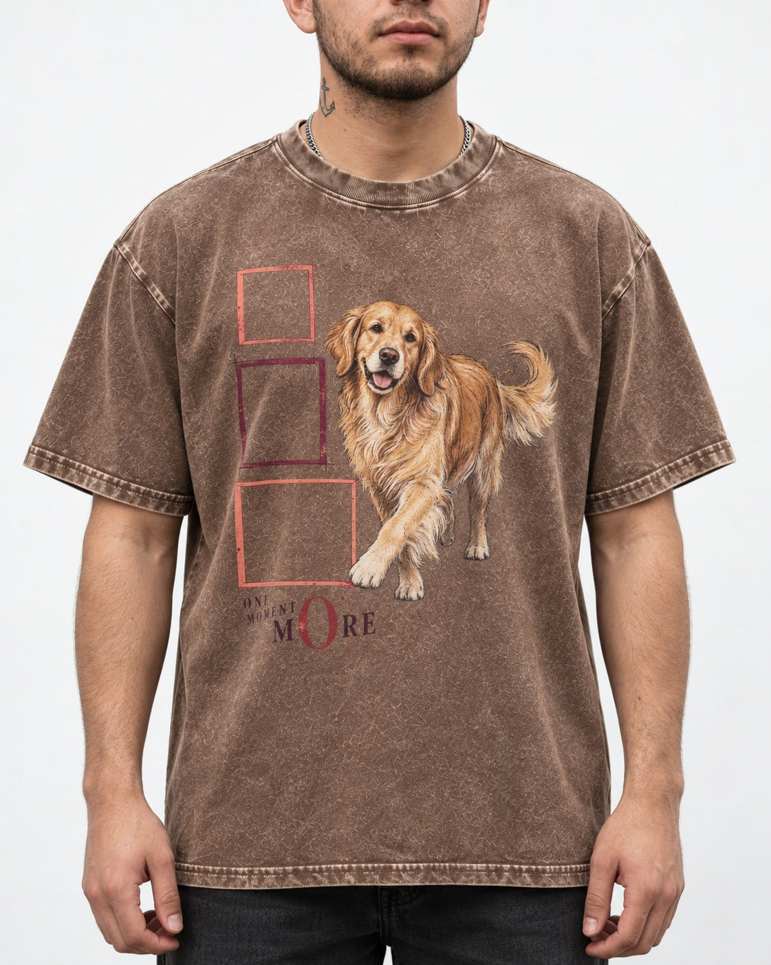 Golden Retriever One Moment More Washed Tee in Coffee, worn by a model, front view