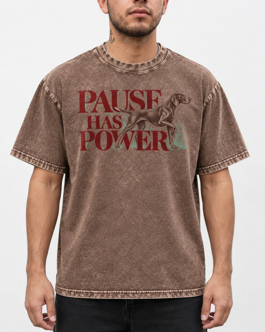 Pause Has Power German Shorthaired Pointer Washed Tee in Coffee, worn by a model, front view