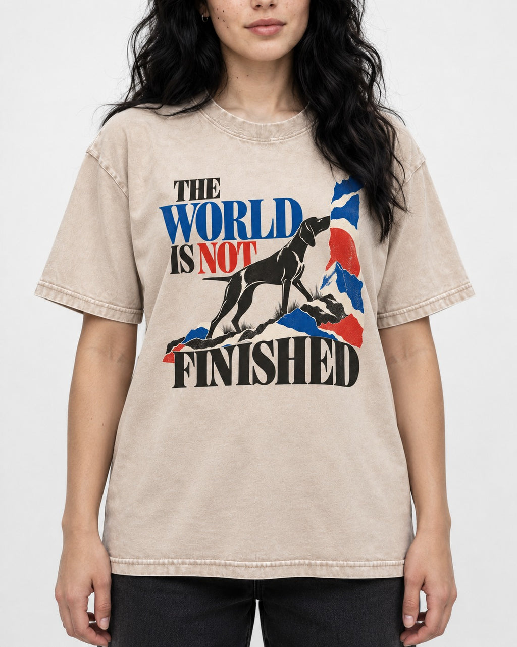 World Is Not Finished German Shorthaired Pointer Washed Tee in Apricot, worn by a model, front view