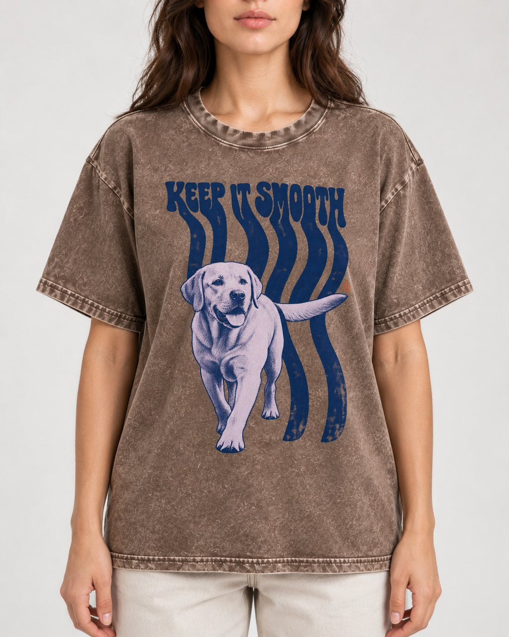 Keep It Smooth Labrador Retriever Washed Tee in Coffee, worn by a model, front view
