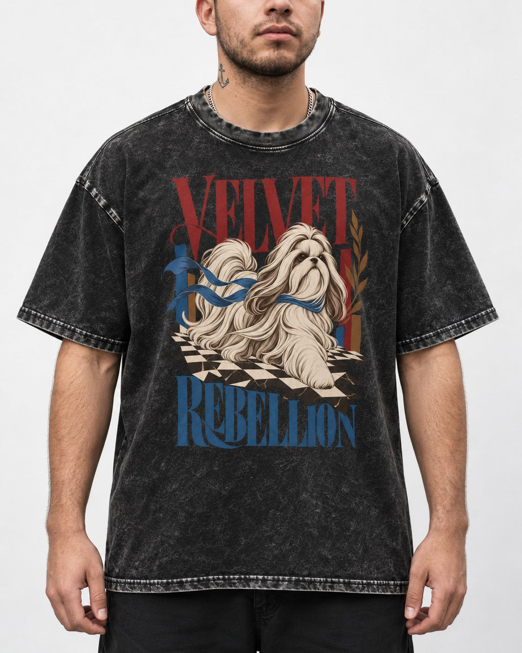 Shih Tzu Velvet Rebellion Checkerboard Graphic Washed Tee in Black, worn by a model, front view