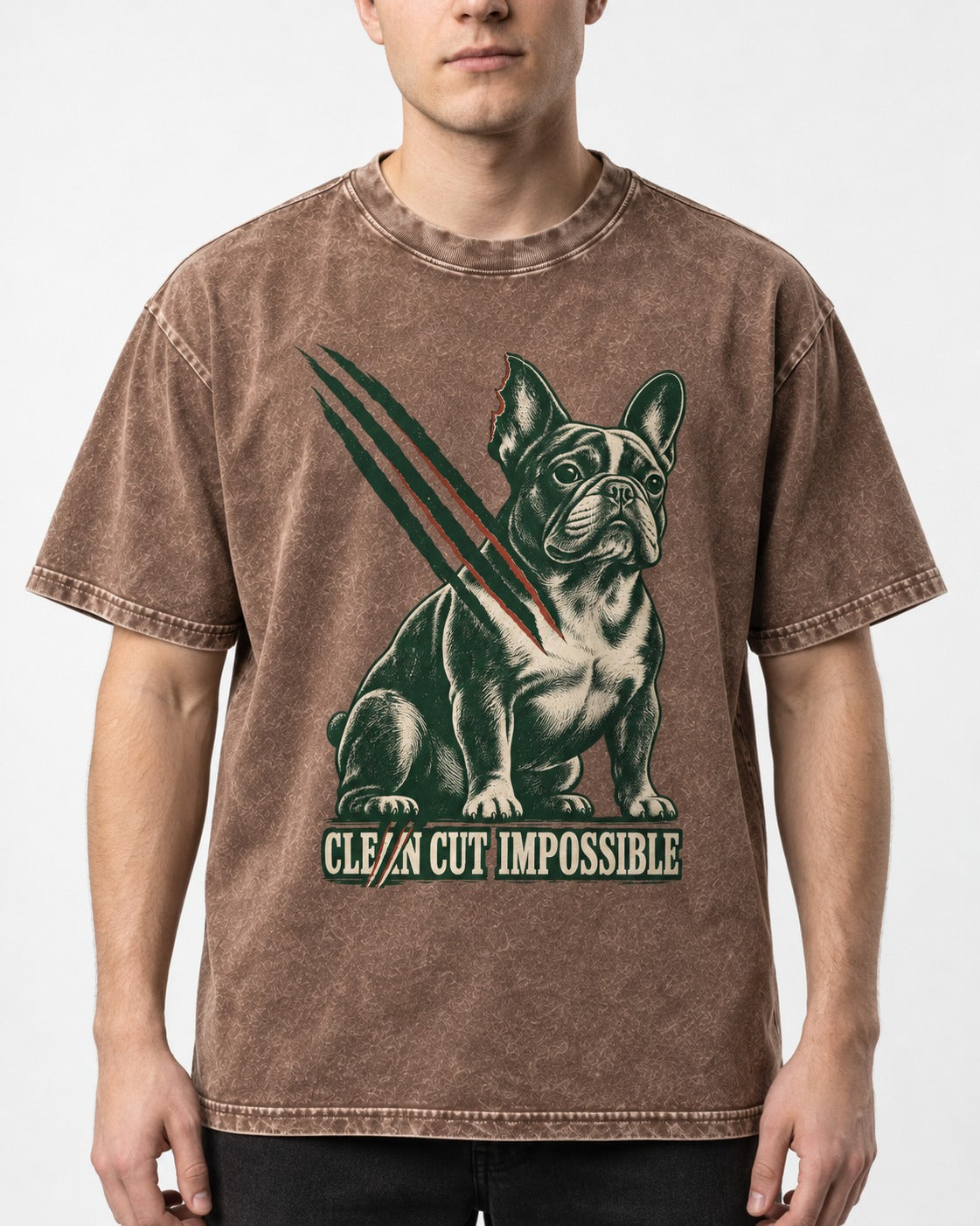 Frenchie Clean Cut Impossible Washed Tee in Coffee, worn by a model, front view