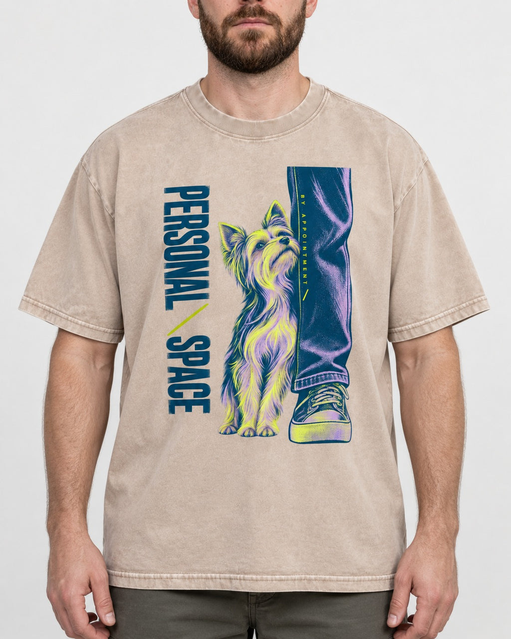 Yorkshire Terrier Personal Space by Appointment Washed Tee in Apricot, worn by a model, front view