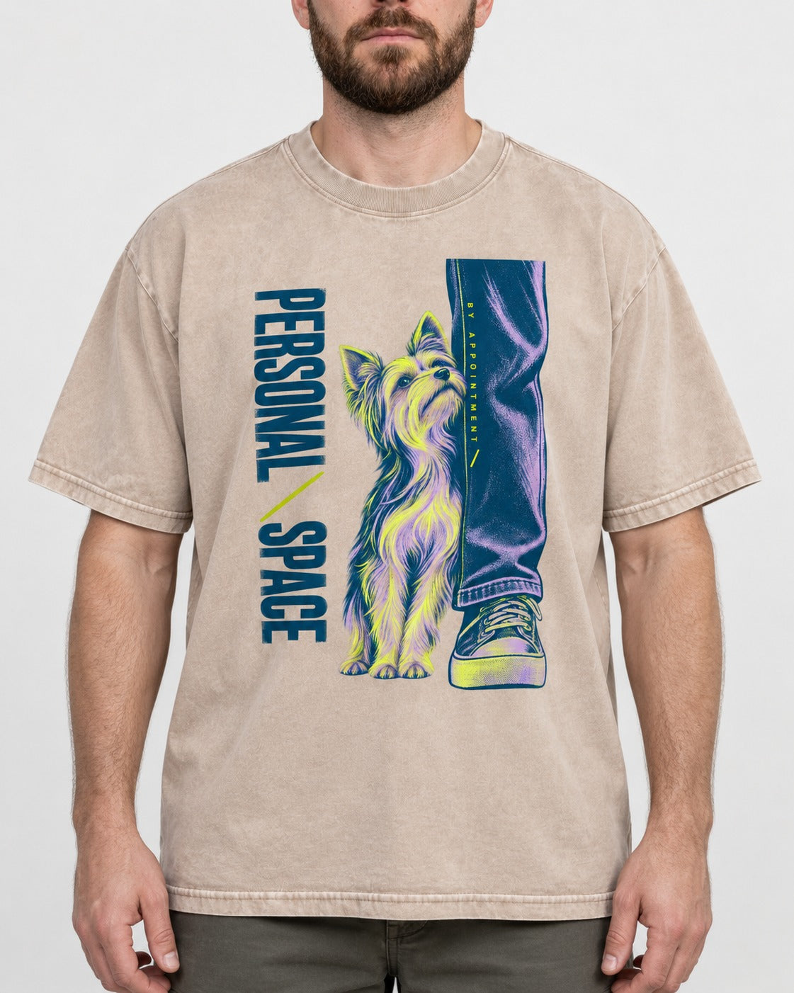 Yorkshire Terrier Personal Space by Appointment Washed Tee in Apricot, worn by a model, front view