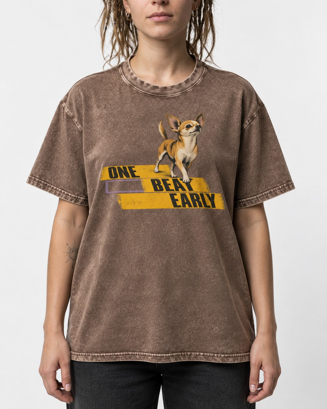 One Beat Early Chihuahua Washed Tee in Coffee, worn by a model, front view