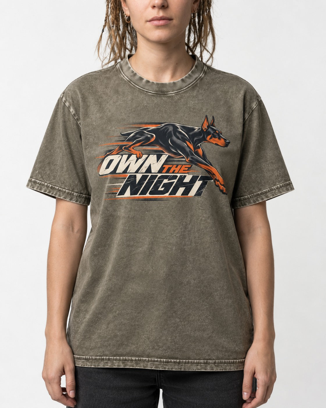 Doberman Own the Night Speed Graphic Washed Tee in Army Green, worn by a model, front view
