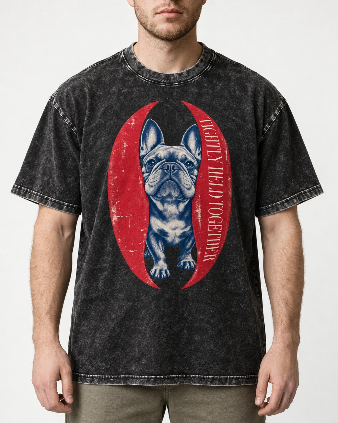 Frenchie Tightly Held Together Red Oval Graphic Washed Tee in Black, worn by a model, front view
