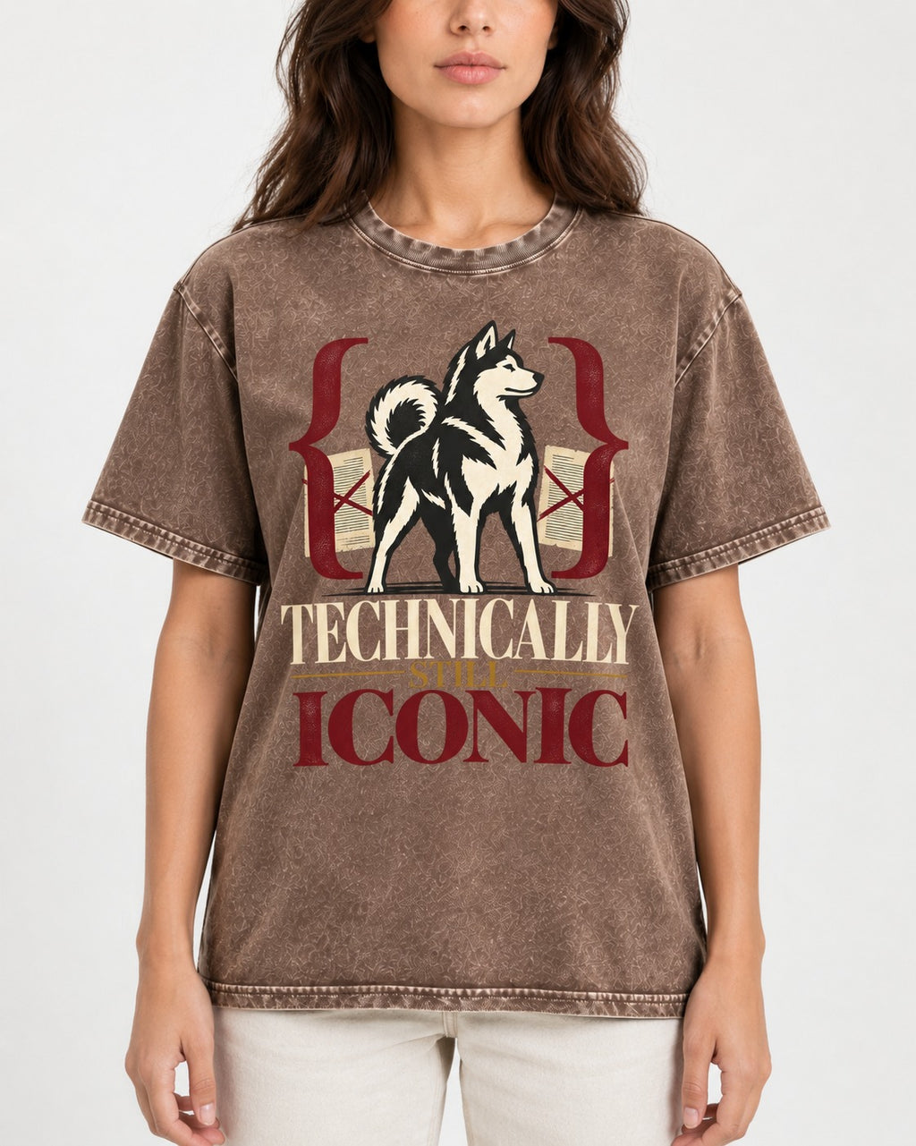Husky Technically Still Iconic Editorial Frame Graphic Washed Tee in Coffee, worn by a model, front view