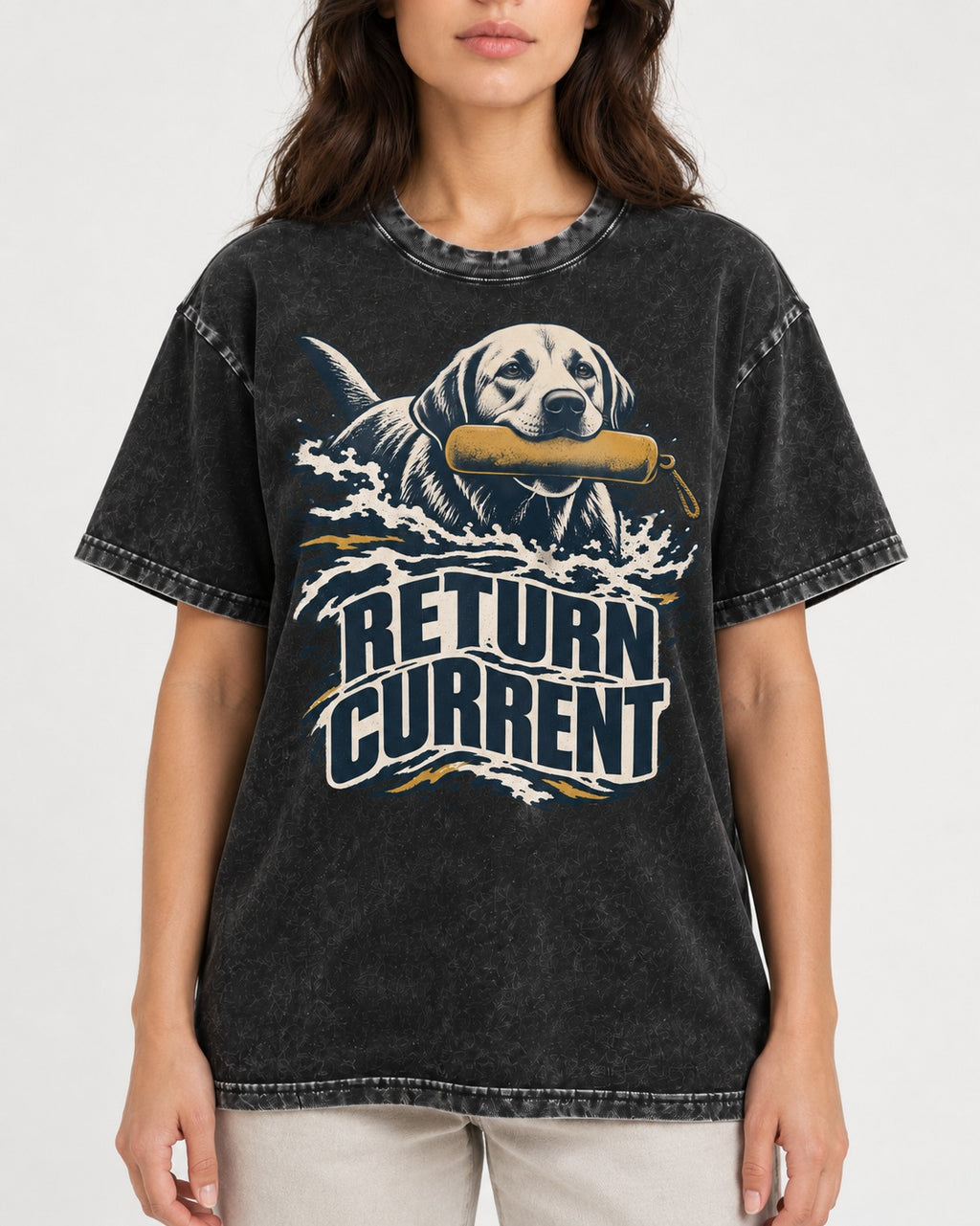 Return Current Water Retrieve Labrador Retriever Graphic Washed Tee in Black, worn by a model, front view