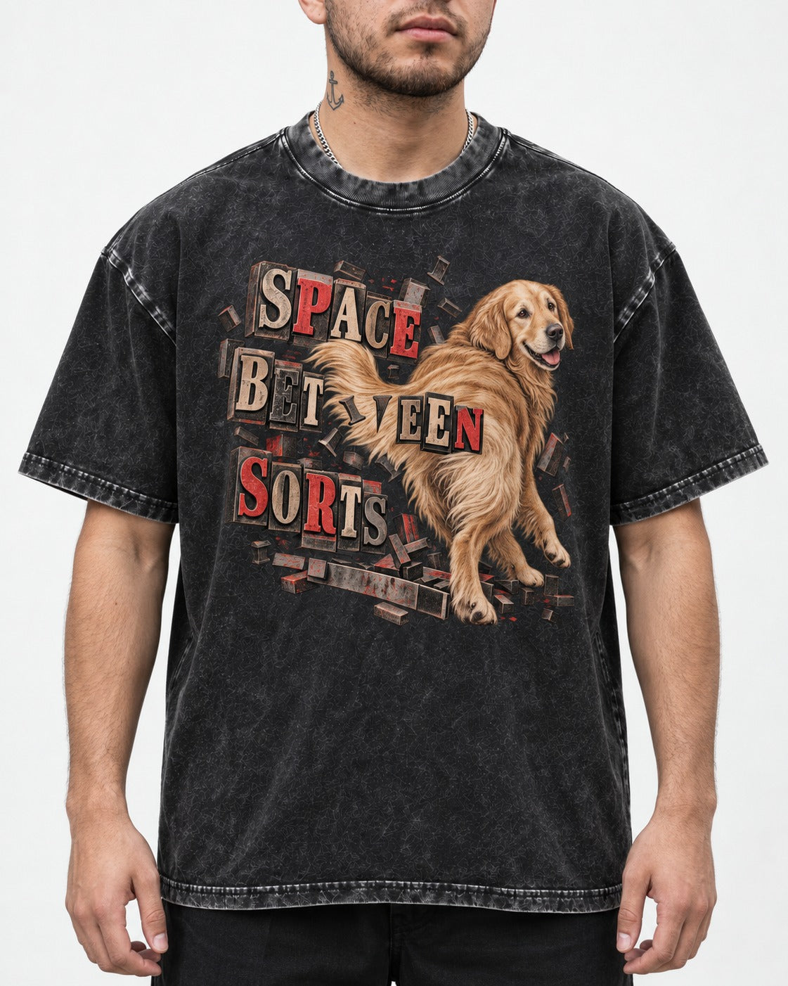 Golden Retriever Space Between Sorts Letterpress Graphic Washed Tee in Black, worn by a model, front view