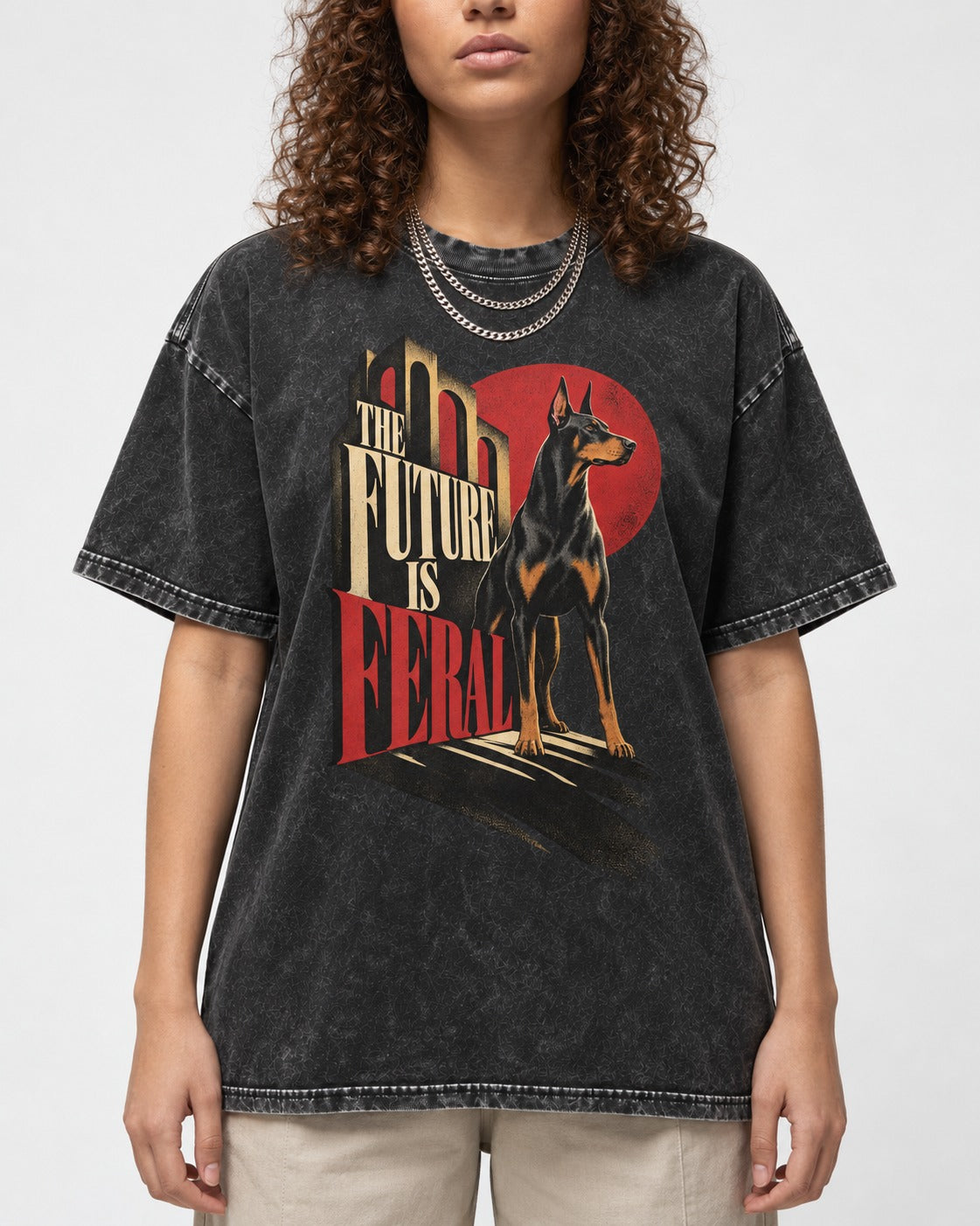 Doberman The Future Is Feral Art Deco Graphic Washed Tee in Black, worn by a model, front view