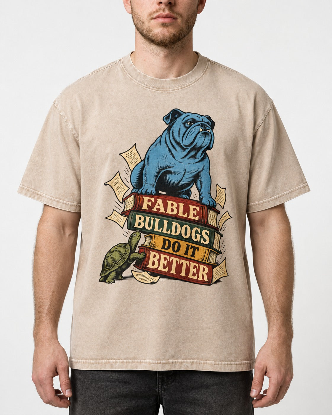 English Bulldog Does It Better Washed Tee in Apricot, worn by a model, front view