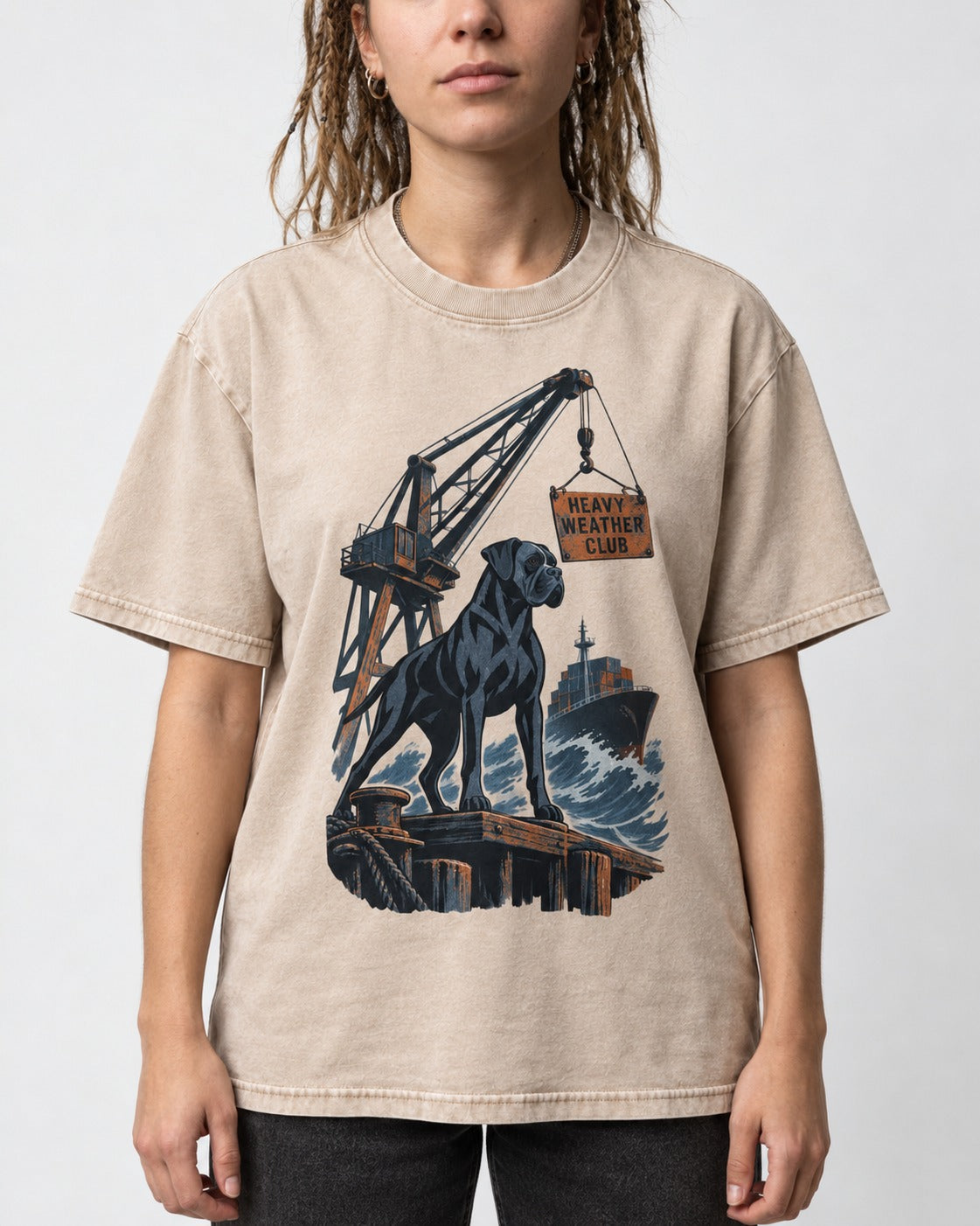 Boxer Heavy Weather Club Washed Tee in Apricot, worn by a model, front view