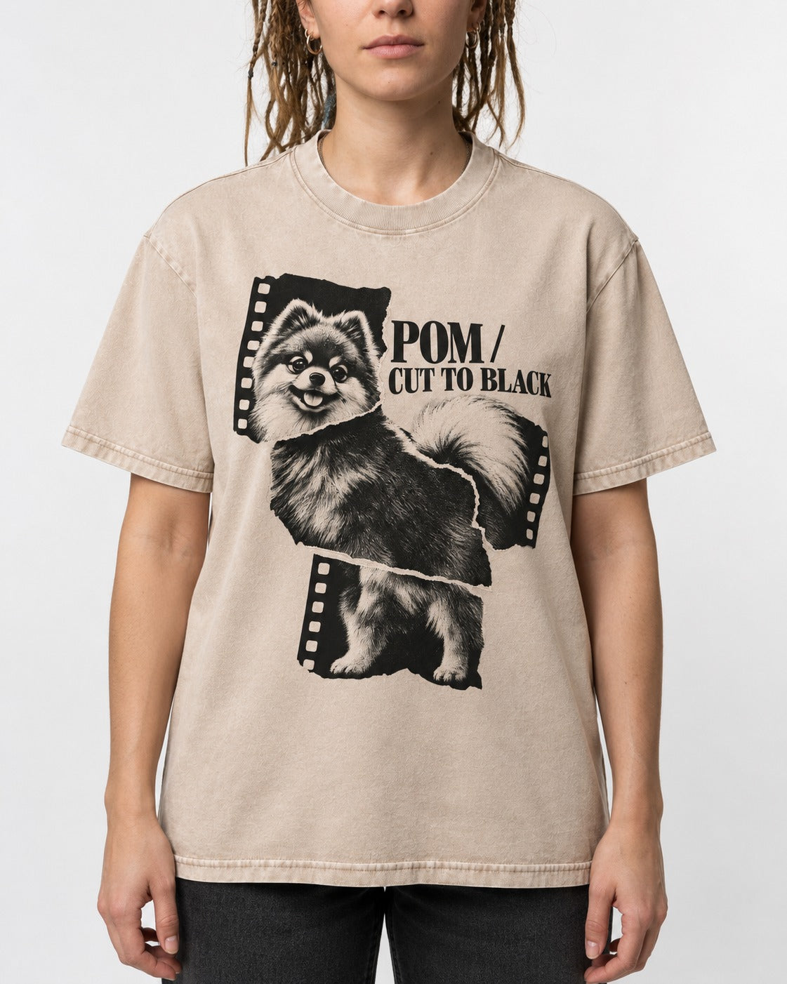 Pomeranian Cut to Black Washed Tee in Apricot, worn by a model, front view