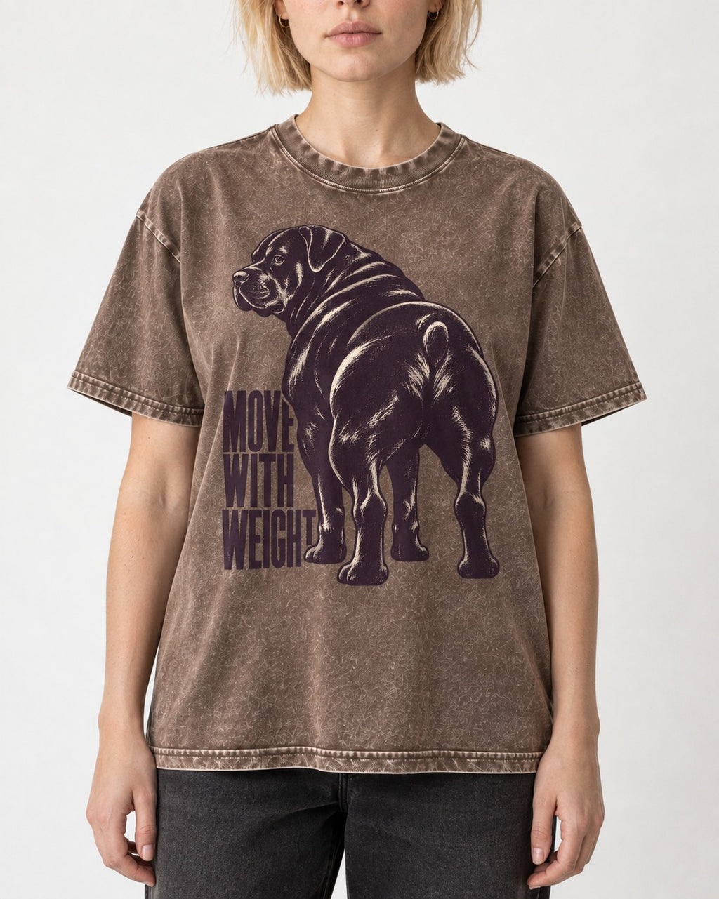 Rottweiler Moves with Weight Washed Tee in Coffee, worn by a model, front view