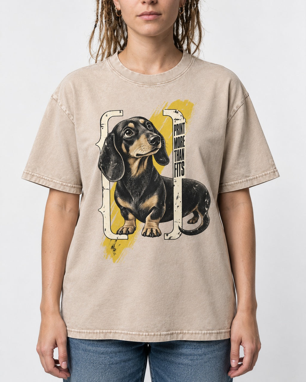 Dachshund More Than Fits Washed Tee in Apricot, worn by a model, front view