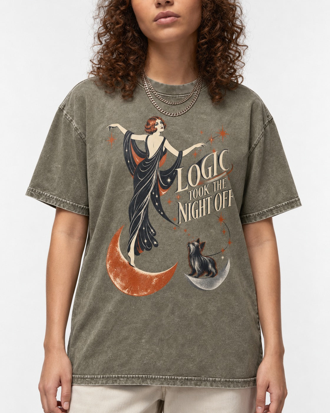 Yorkshire Terrier Logic Took the Night Off Art Deco Graphic Washed Tee in Army Green, worn by a model, front view