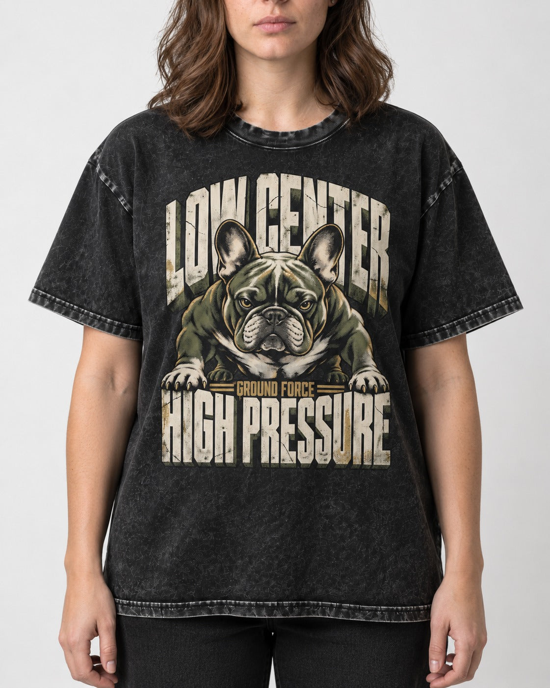 Frenchie Low Center High Pressure Graphic Washed Tee in Black, worn by a model, front view
