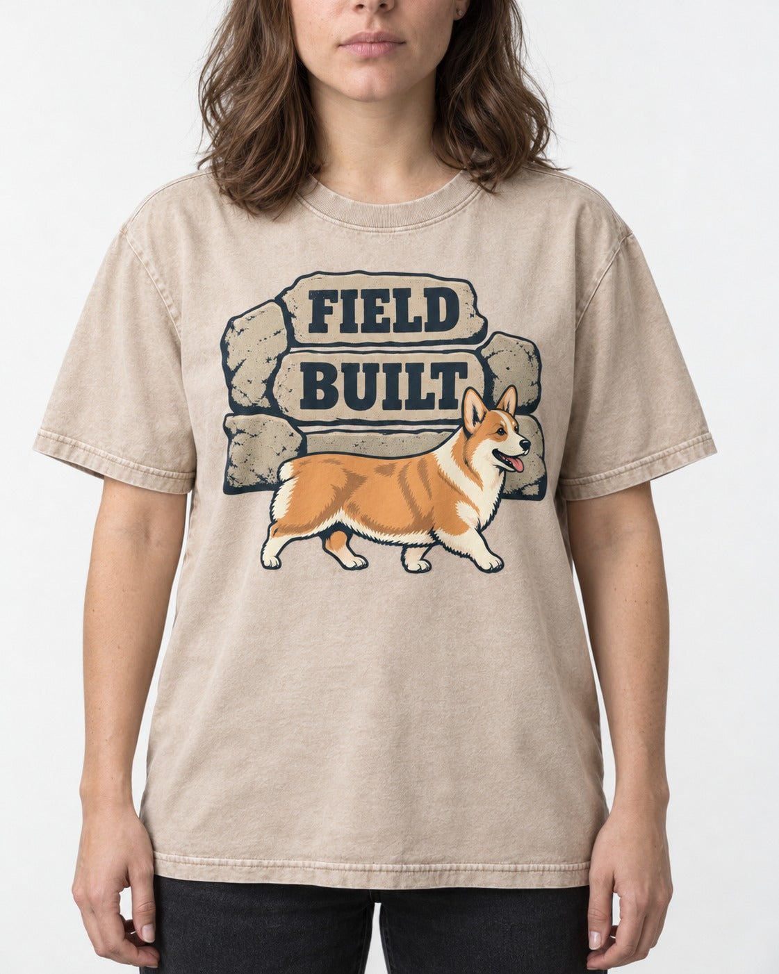 Field Built Corgi Washed Tee in Apricot, worn by a model, front view