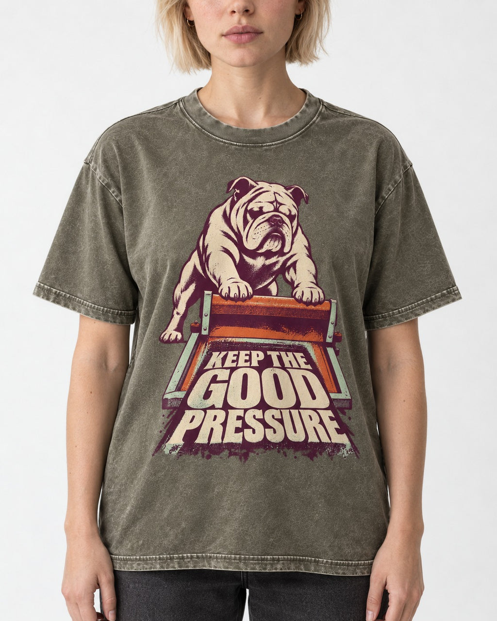 English Bulldog Keep the Good Pressure Printing Press Graphic Washed Tee in Army Green, worn by a model, front view