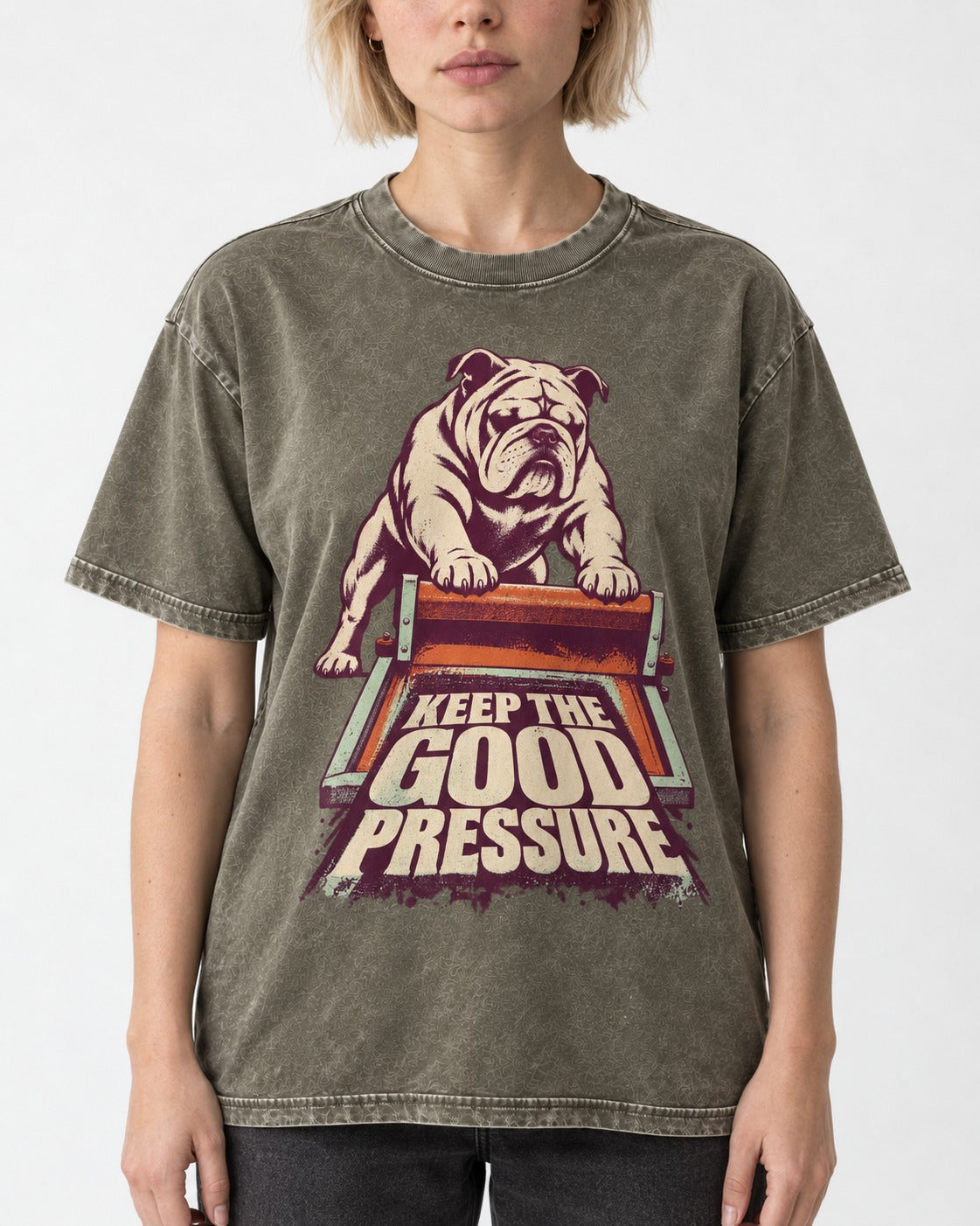 English Bulldog Keep the Good Pressure Printing Press Graphic Washed Tee in Army Green, worn by a model, front view