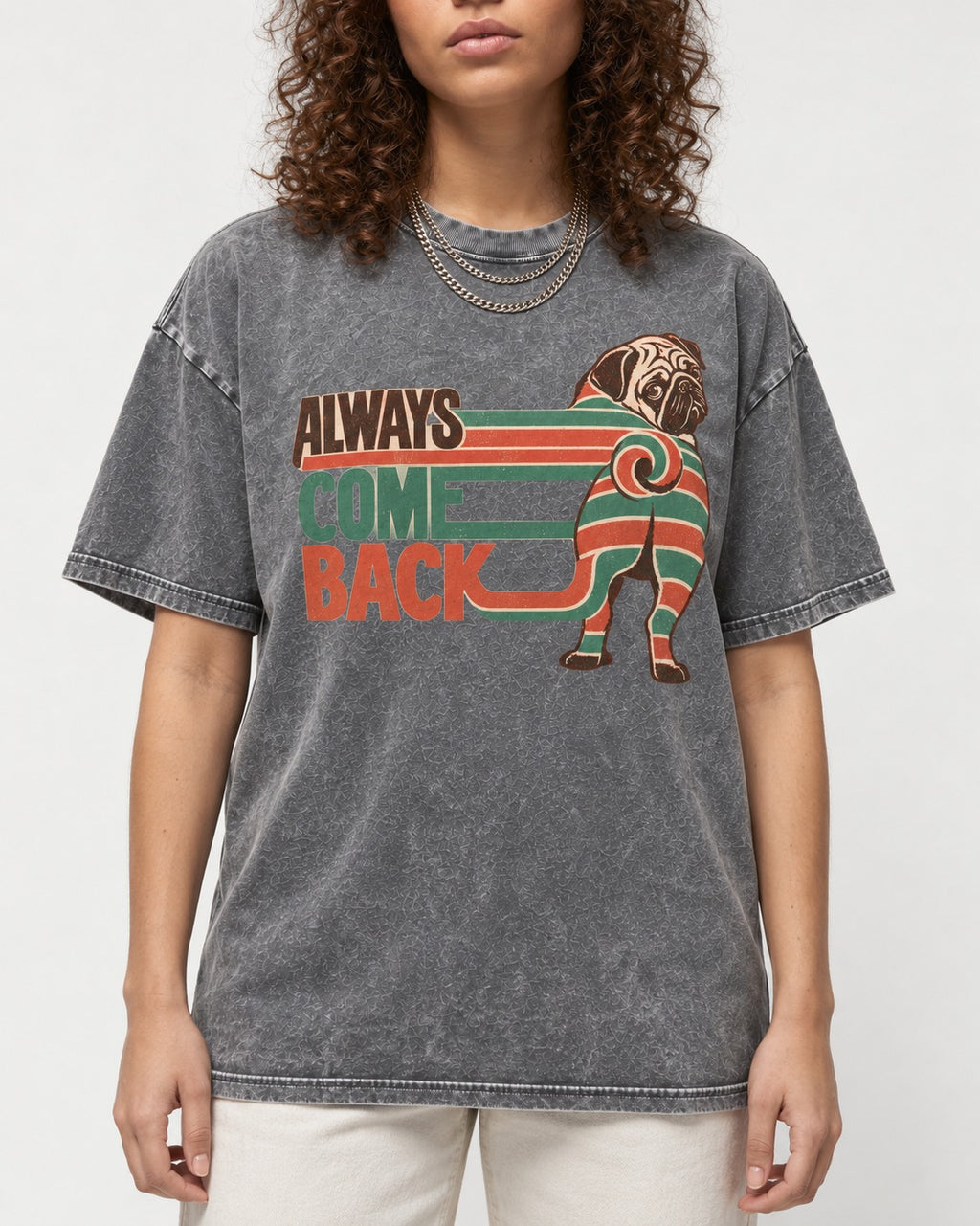 Pug Always Come Back Striped Body Graphic Washed Tee in Gray, worn by a model, front view