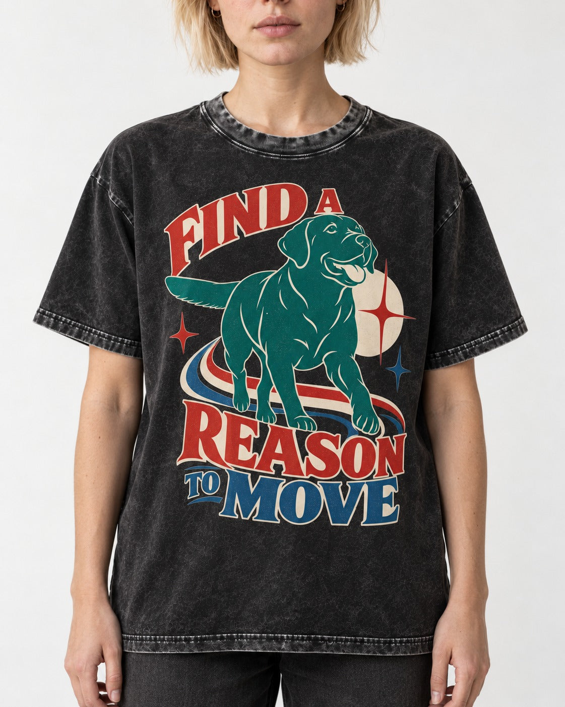 Labrador Retriever Find a Reason to Move Retro Dog Graphic Washed Tee in Black, worn by a model, front view