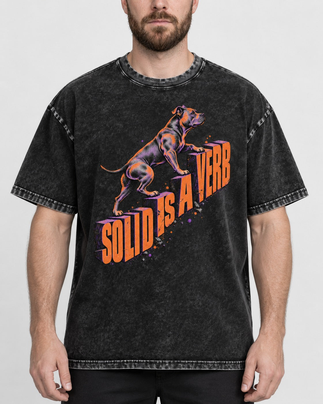 Pitbull Solid Is a Verb Step Type Graphic Washed Tee in Black, worn by a model, front view