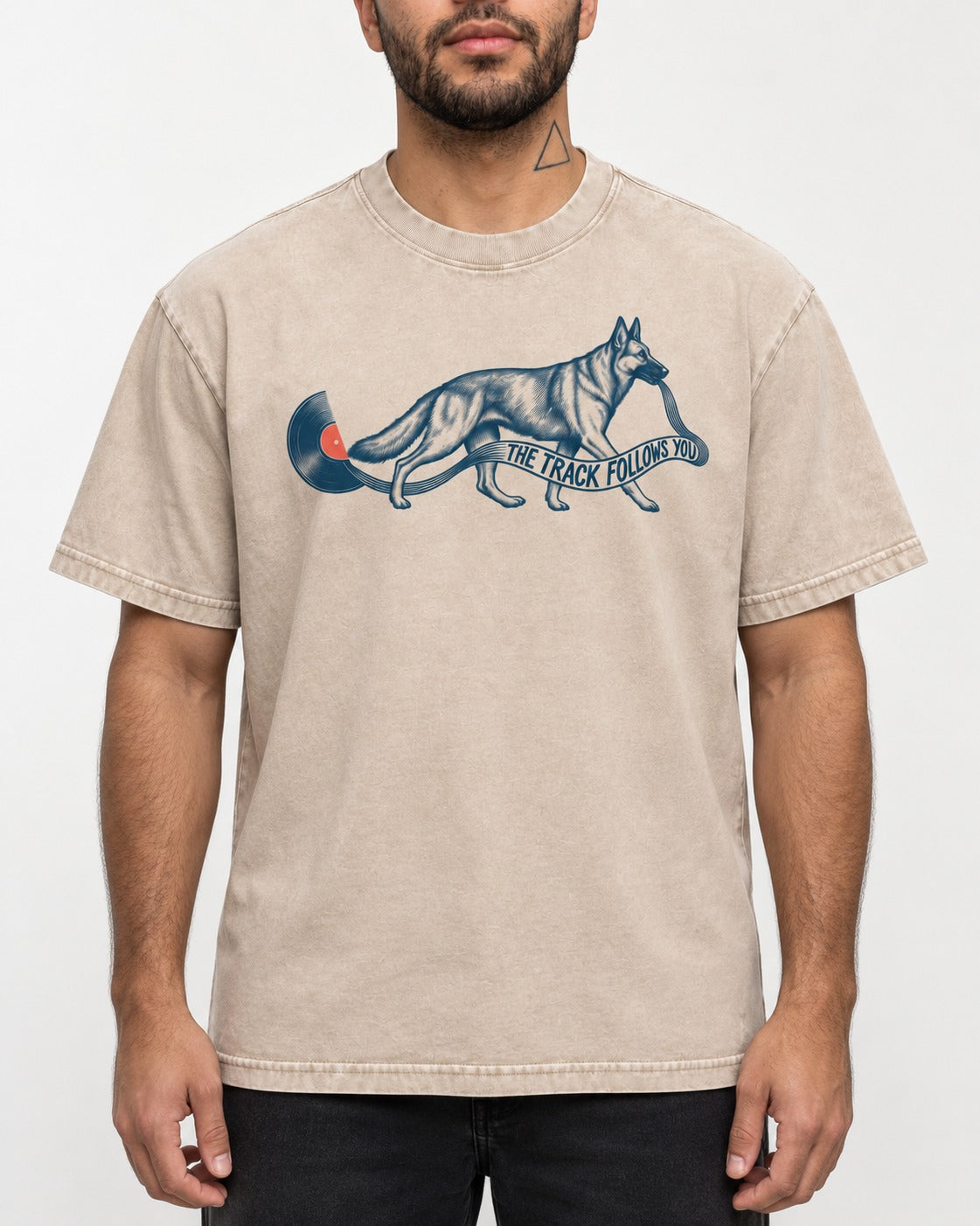 German Shepherd Dog The Track Follows You Washed Tee in Apricot, worn by a model, front view