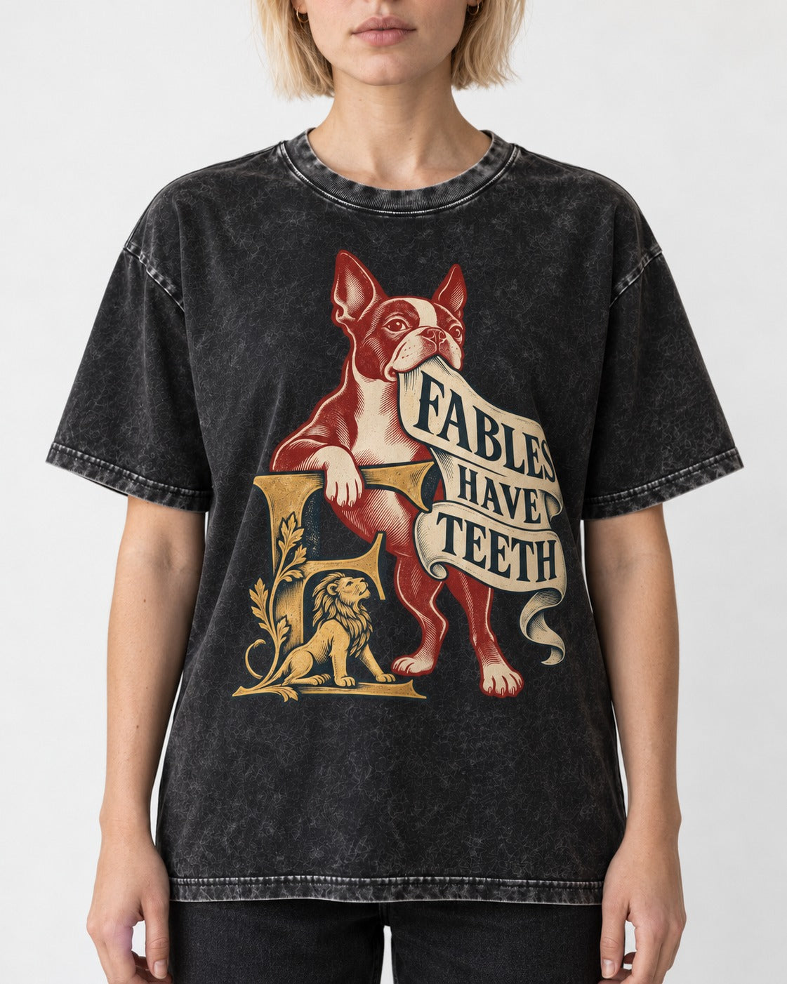 Boston Terrier Fables Have Teeth Washed Tee in Black, worn by a model, front view