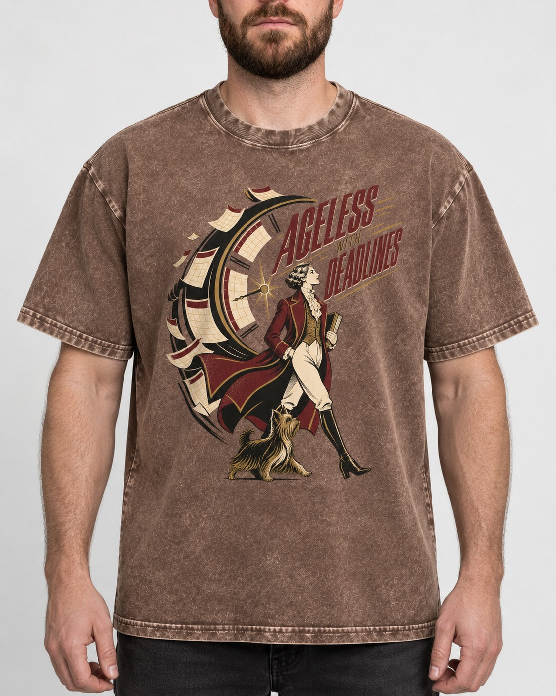 Yorkshire Terrier Ageless with Deadlines Calendar Clock Graphic Washed Tee in Coffee, worn by a model, front view