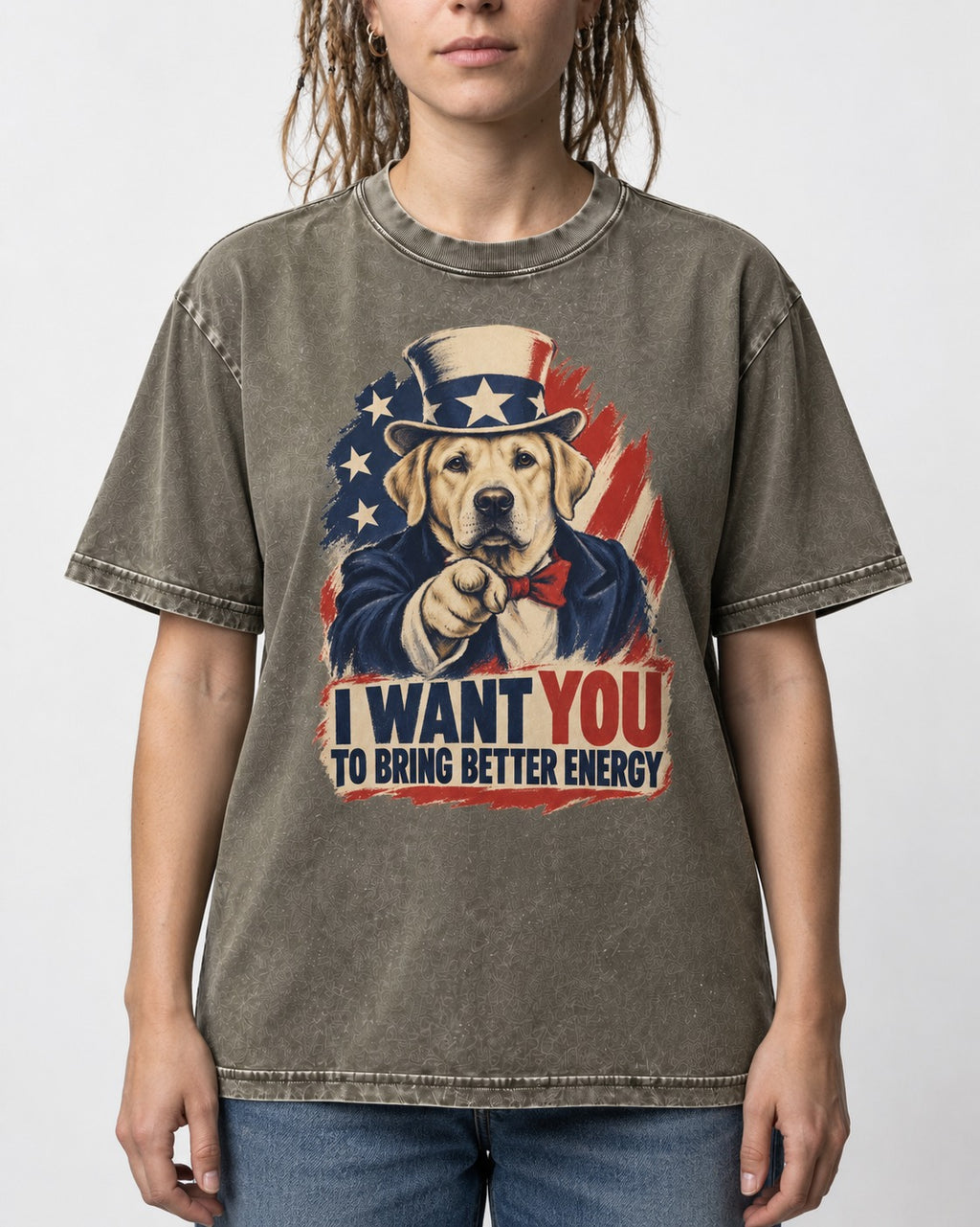 Labrador Retriever I Want You to Bring Better Energy Uncle Sam Graphic Washed Tee in Army Green, worn by a model, front view