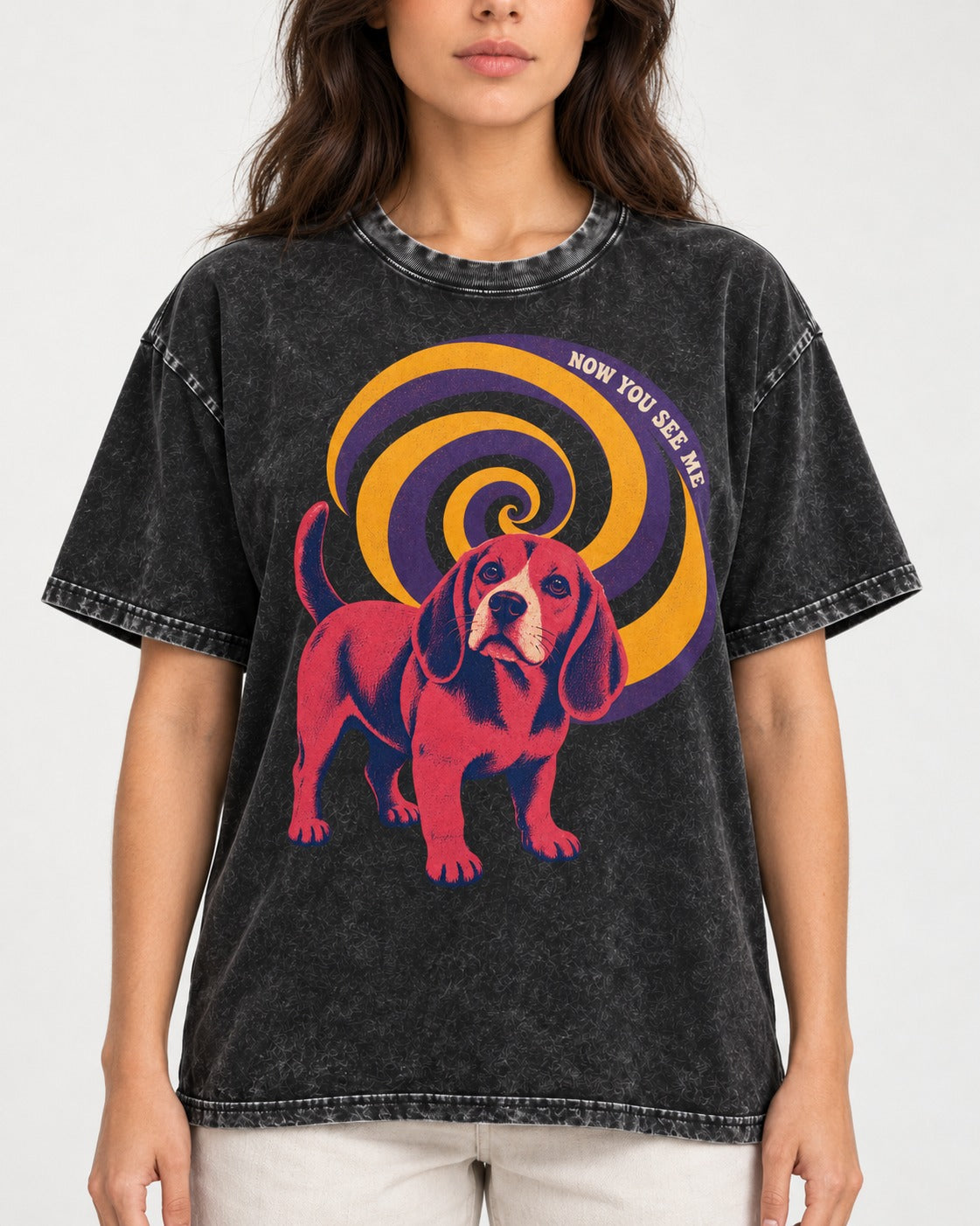 Now You See Me Beagle Spiral Washed Tee in Black, worn by a model, front view