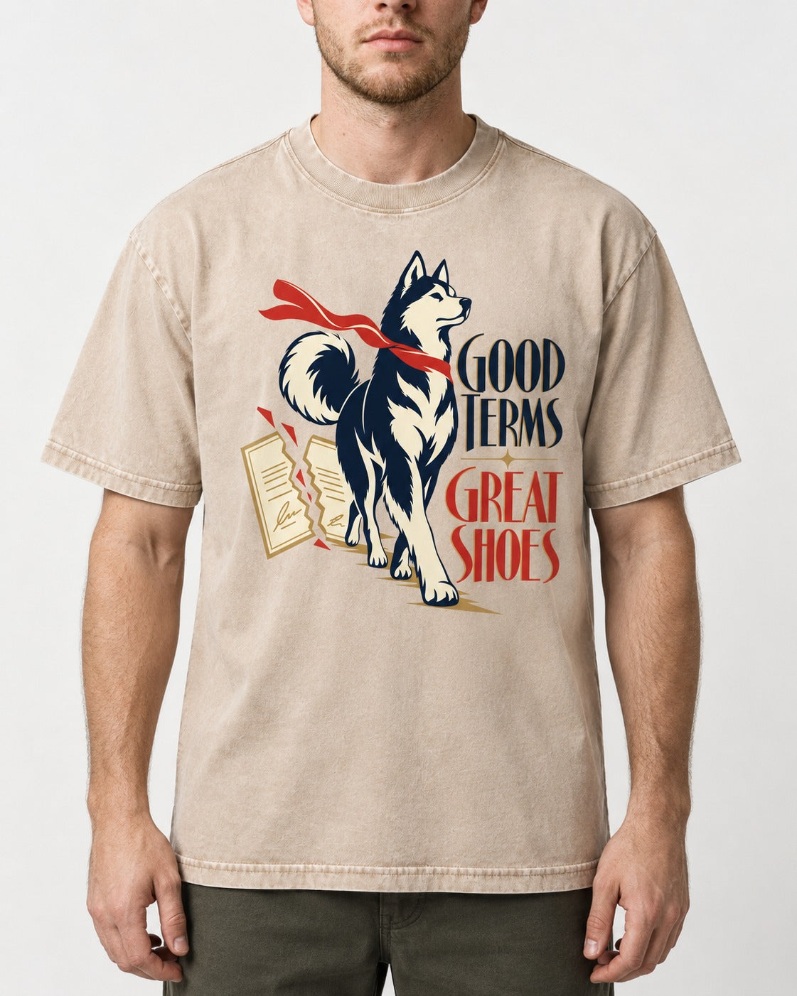 Husky Good Terms Great Shoes Washed Tee in Apricot, worn by a model, front view